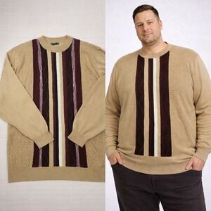Bagazio Mens 5XL Sweater Tan Burgundy‎ Vertical Stripe Textured Knit Crewneck